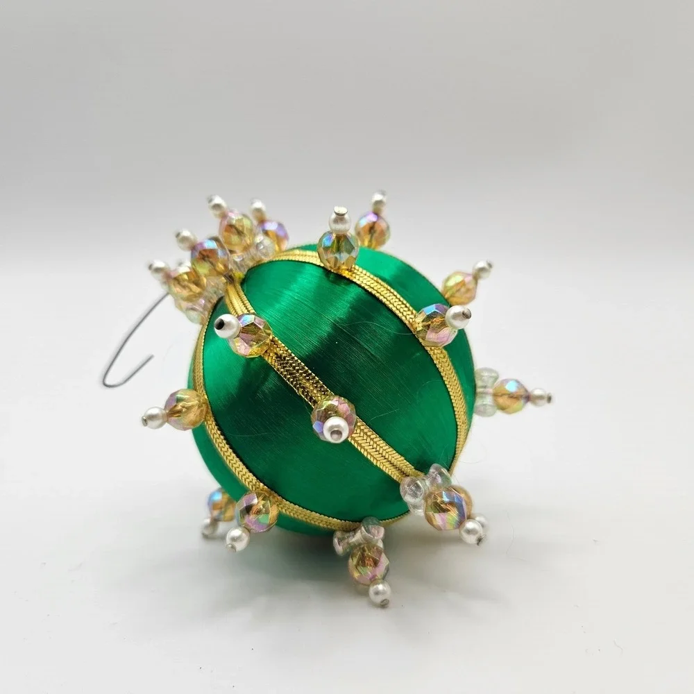 Vintage Emerald Green Beaded Christmas Ornament Holiday Decor‎ Sphere Handmade